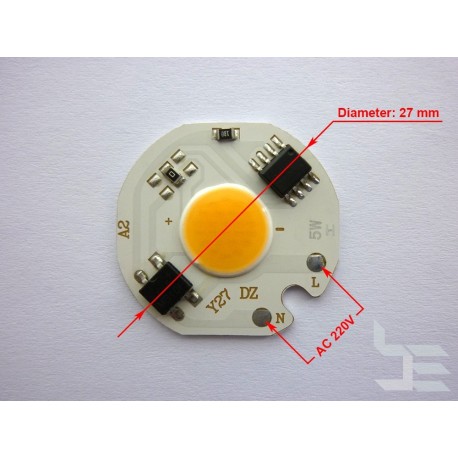 COB LED module 5W warm white with 220V integrated driver, 27mm