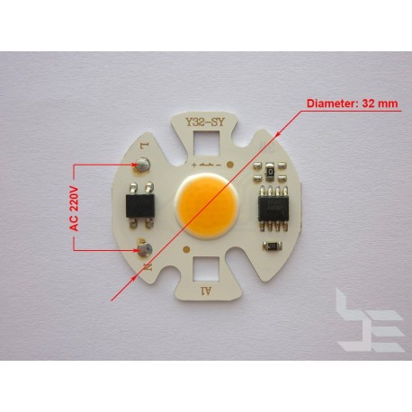 COB LED module 3W warm white with 220V integrated driver, 32mm