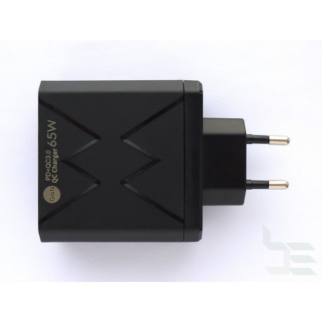 USB power adapter, 65W, QC3.0, PD, 2 ports, GaN